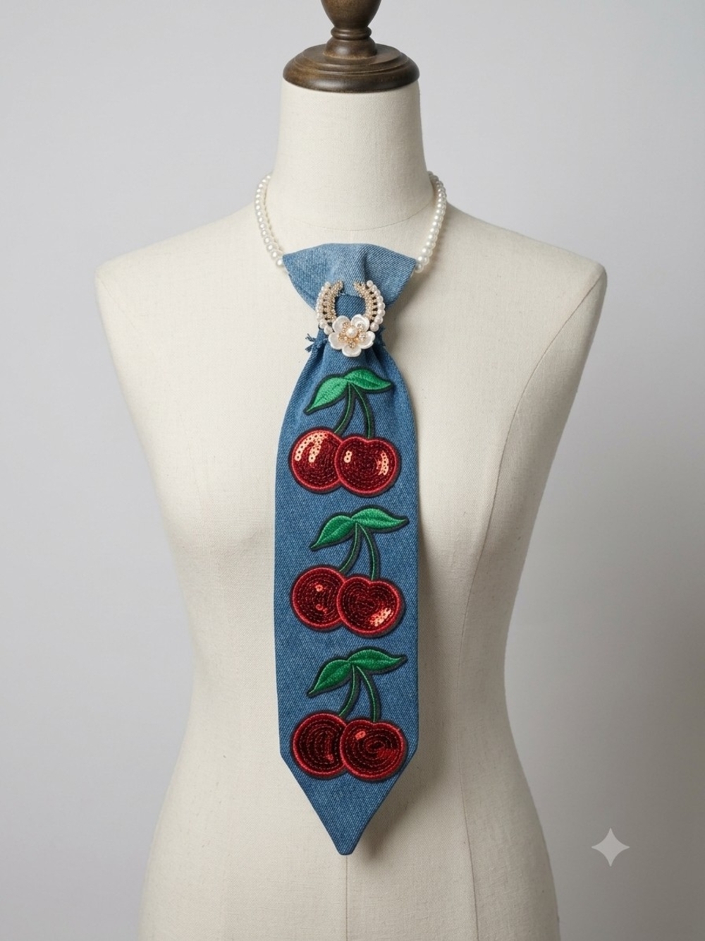 Pearl-Strand Necklace Tie with Red Cherry Embellishments